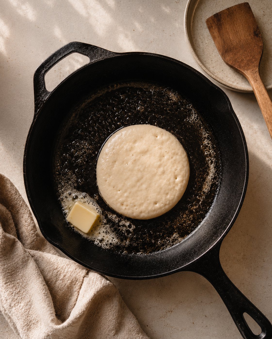 Pfanne mit zerlassener Butter für goldbraune Pancakes