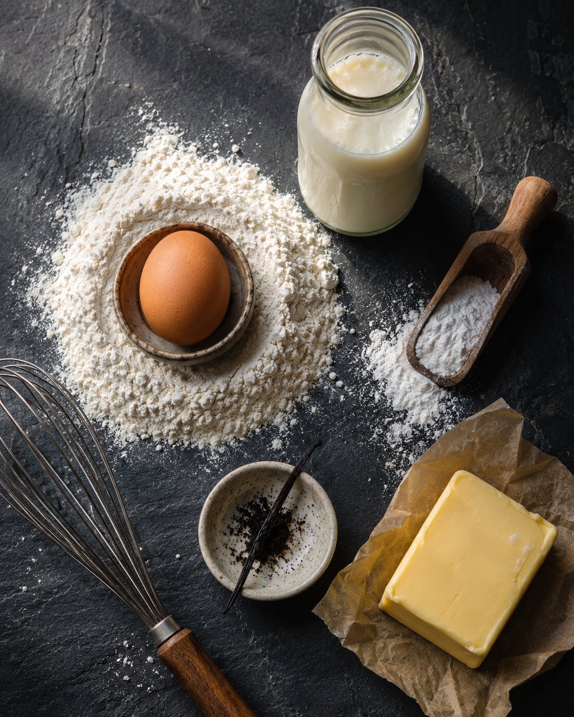 Zutaten für fluffige Pancakes: Mehl, Eier, Buttermilch