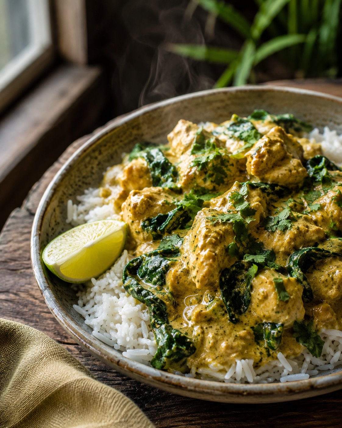 Schnelles Curry in der Pfanne mit Hähnchen und Spinat