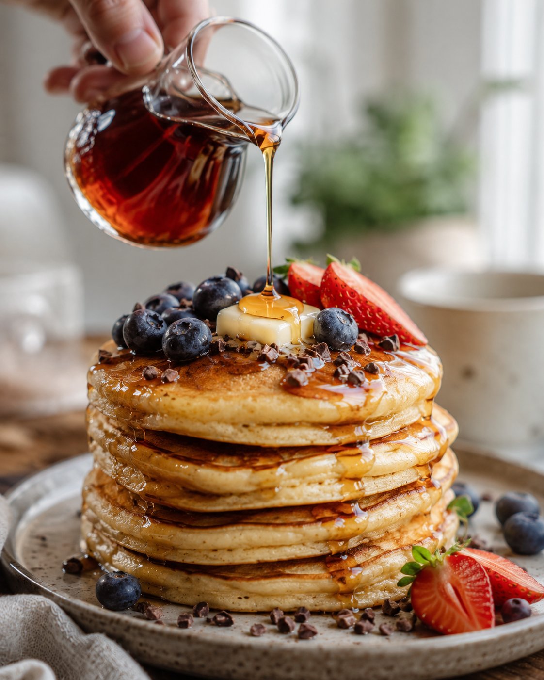 Pancake-Stapel mit frischen Beeren und Sirup auf einem Teller