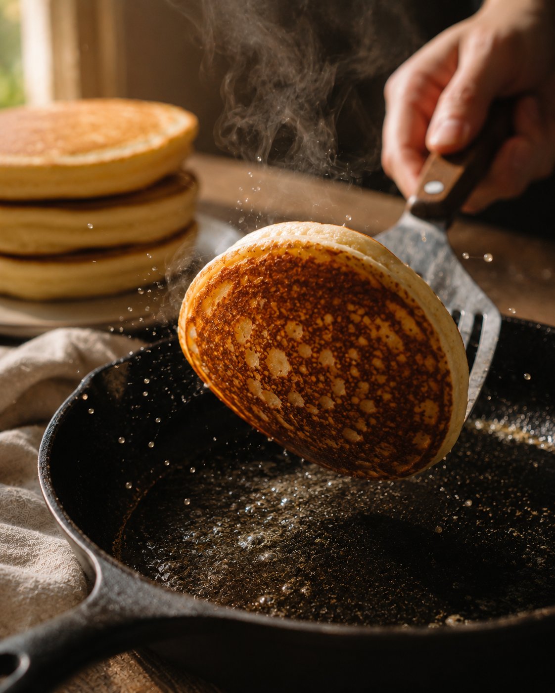 Pancake mit Bläschen in der Pfanne vor dem Wenden