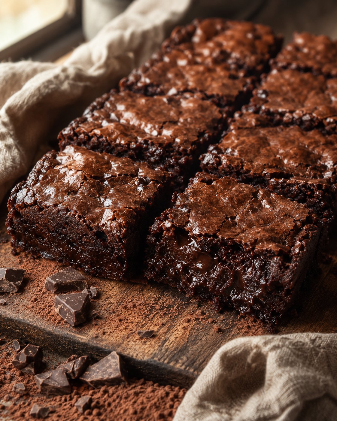 Saftige Brownies mit glänzender Kruste auf einem Teller
