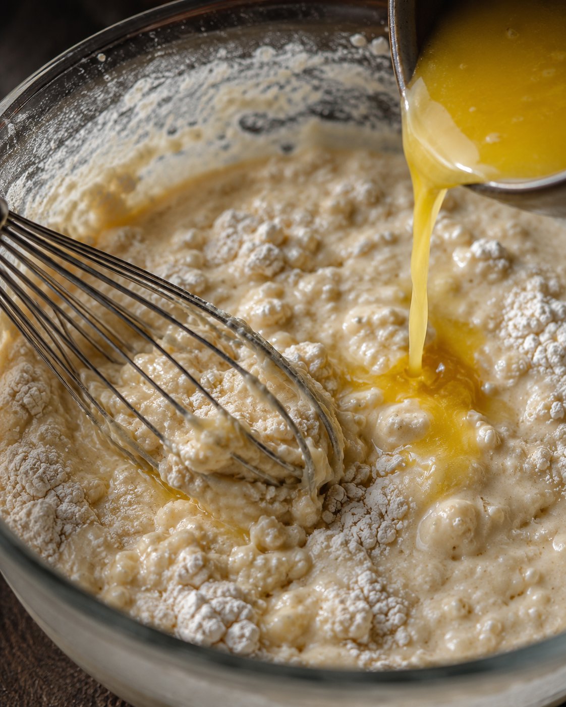 Klumpiger Pancake-Teig in einer Schüssel mit Schneebesen